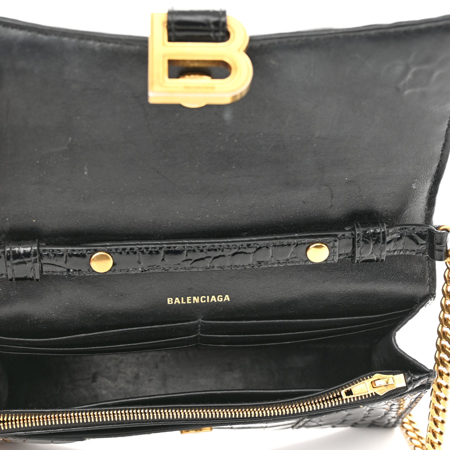 Shiny Calfskin Crocodile Embossed Hourglass Chain Bag Black