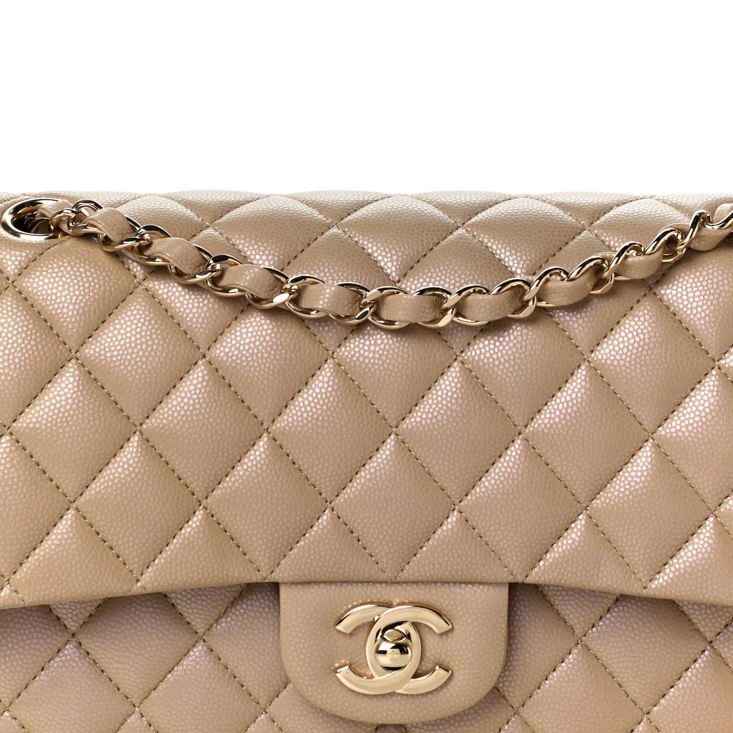 Iridescent Caviar Quilted Medium Double Flap Dark Beige