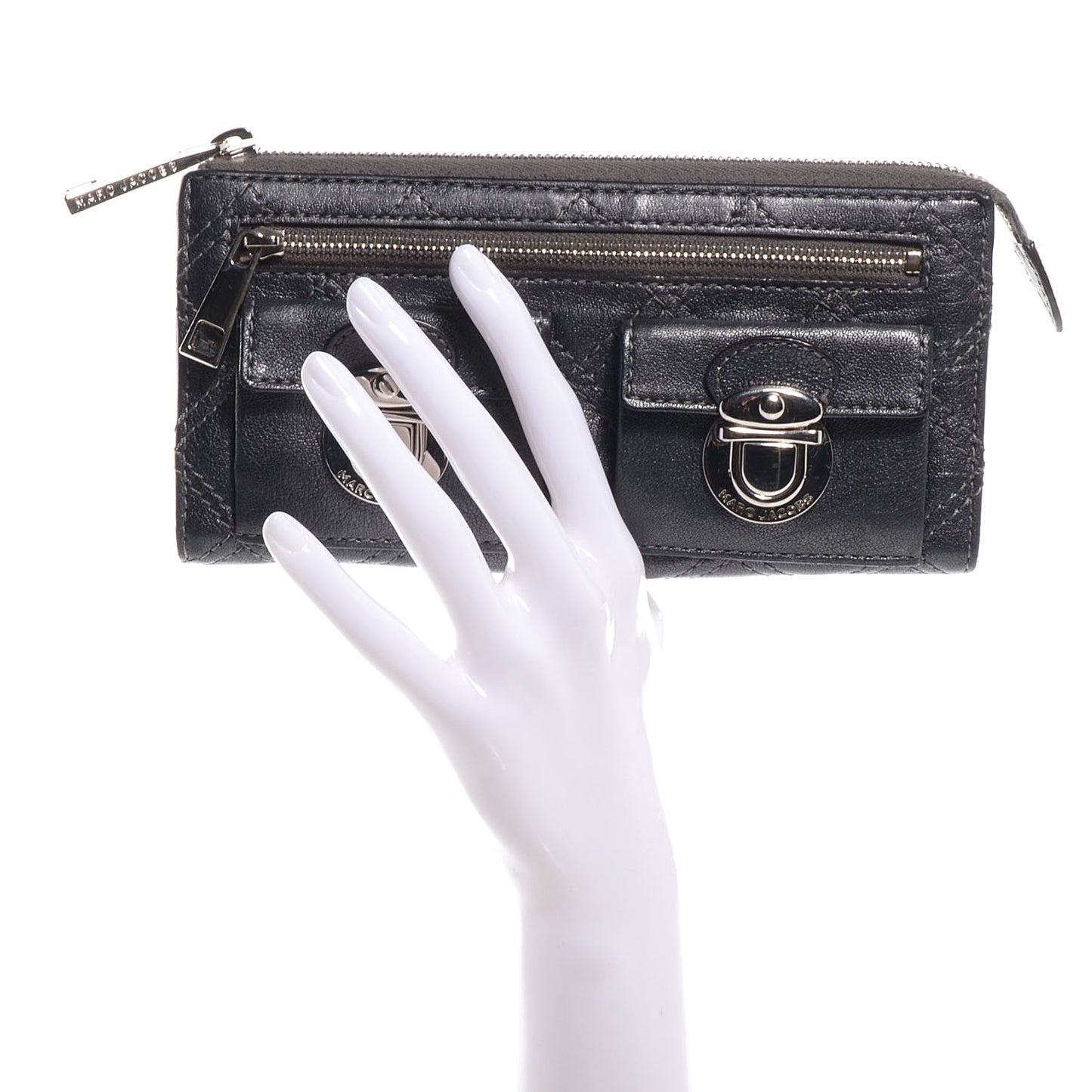 Leather Quilted Zip Clutch Wallet Anthracite