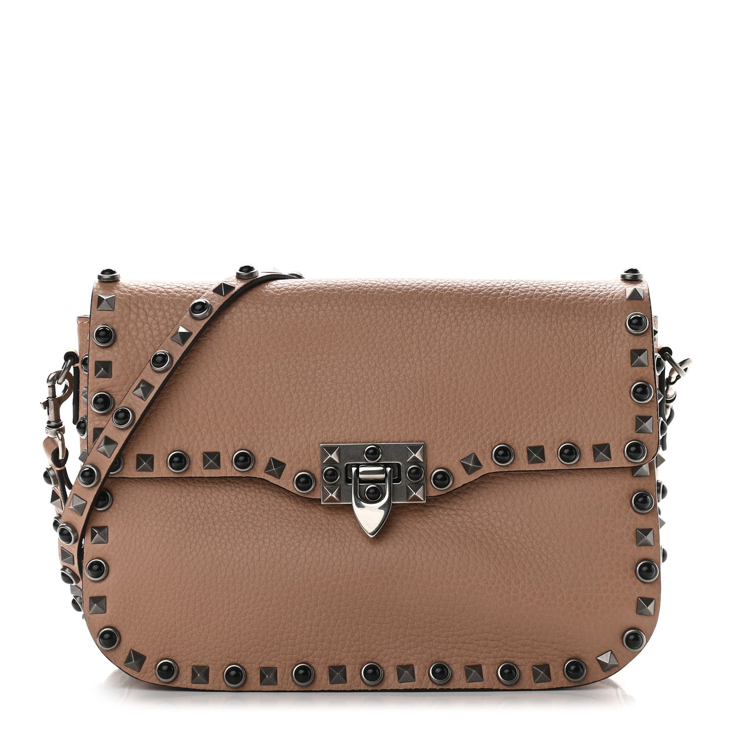 Pebbled Calfskin Medium Rockstud Rolling Flap Saddle Bag Soft Noisette