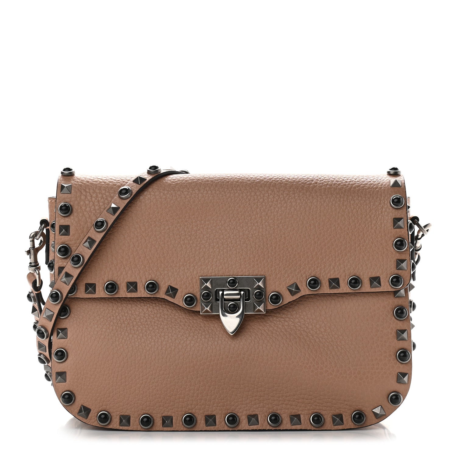 Valentino Garavani Pebbled Calfskin Medium Rockstud Rolling Flap Saddle Bag Soft Noisette 1 of 7