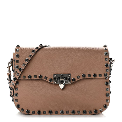 Valentino Garavani Pebbled Calfskin Medium Rockstud Rolling Flap Saddle Bag Soft Noisette 1 of 7