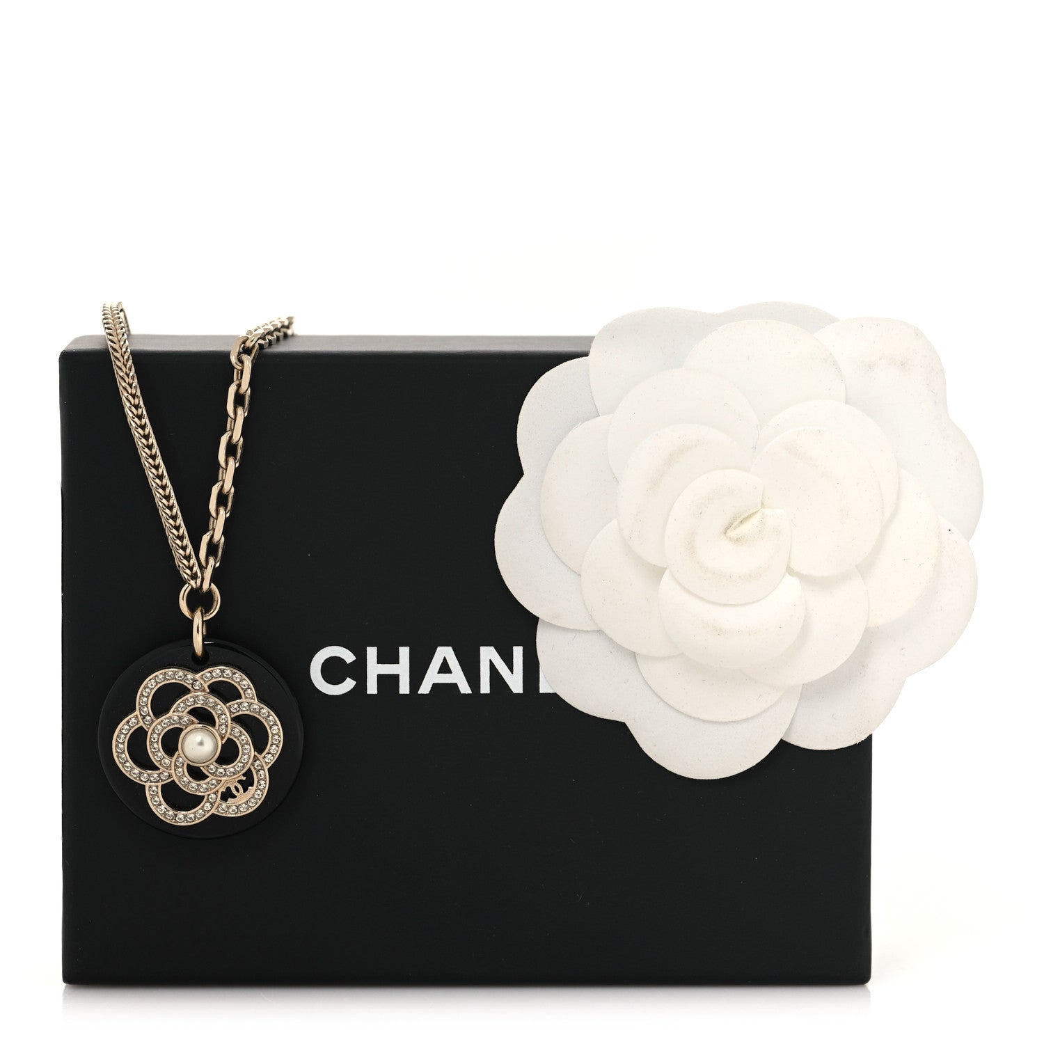 Chanel Resin Pearl Crystal Camellia CC Necklace Black Gold Gold 5 of 5