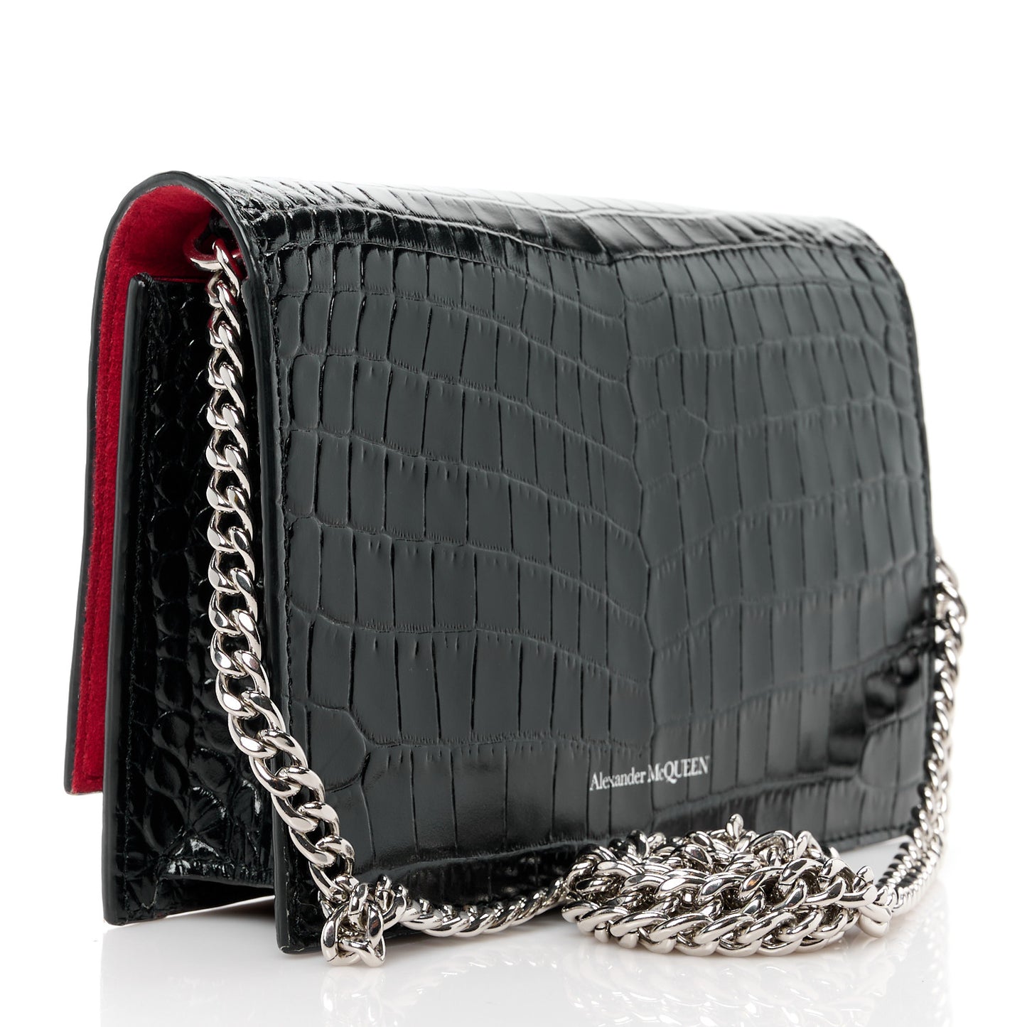 Calfskin Crocodile Embossed Skull Mini Crossbody Bag Black