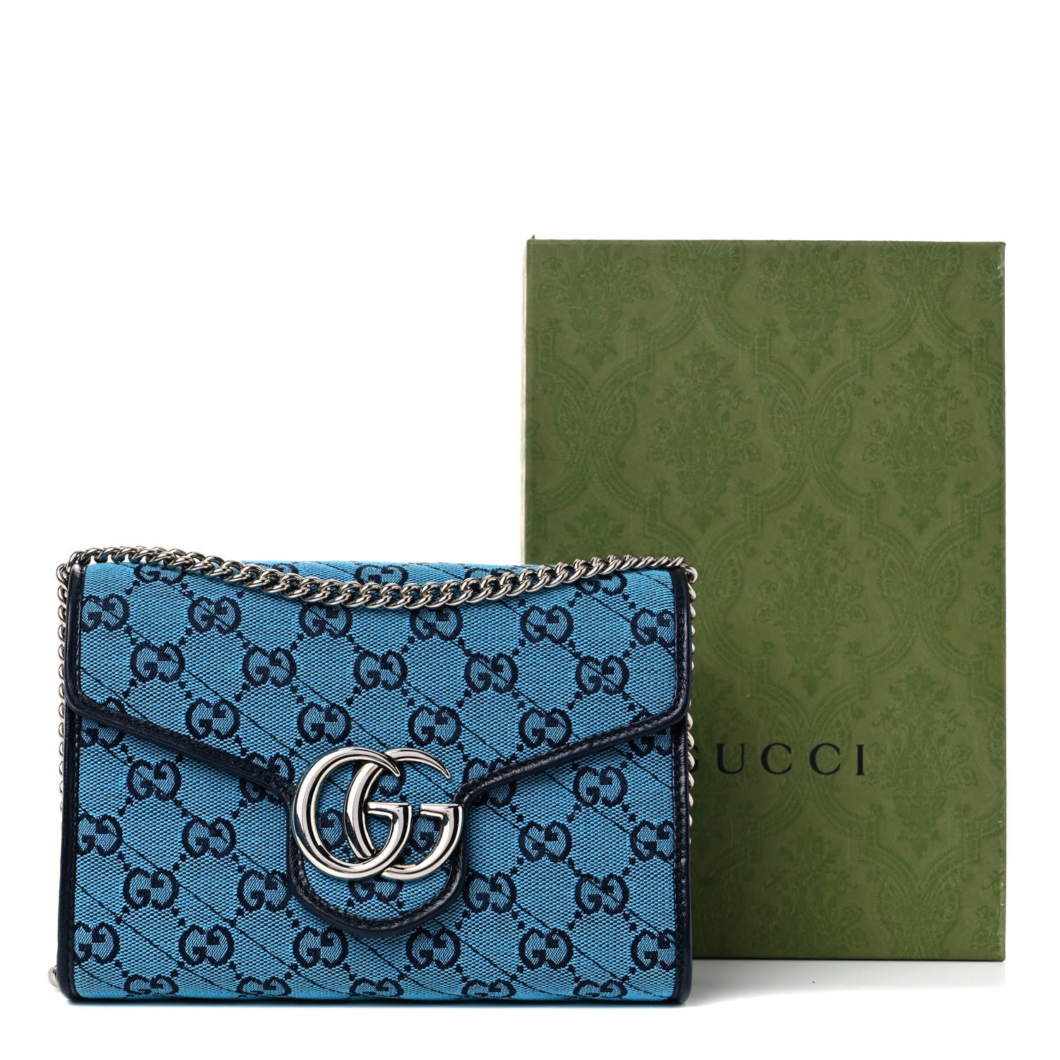 Gucci Monogram Multicolor Matelasse Diagonal GG Marmont Chain Wallet Light Blue 11 of 11