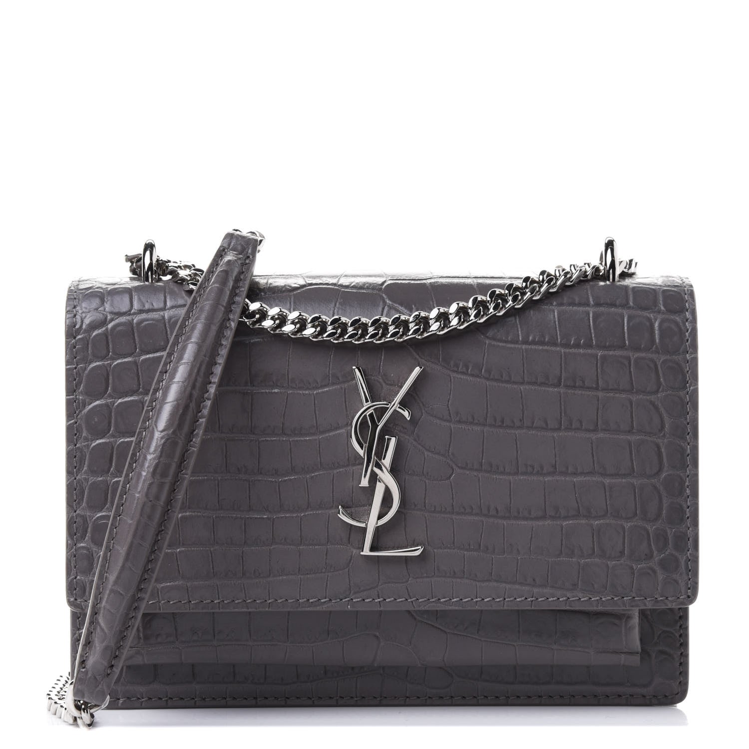 Saint Laurent Calfskin Crocodile Embossed Monogram Sunset Chain Wallet Graphite 1 of 4