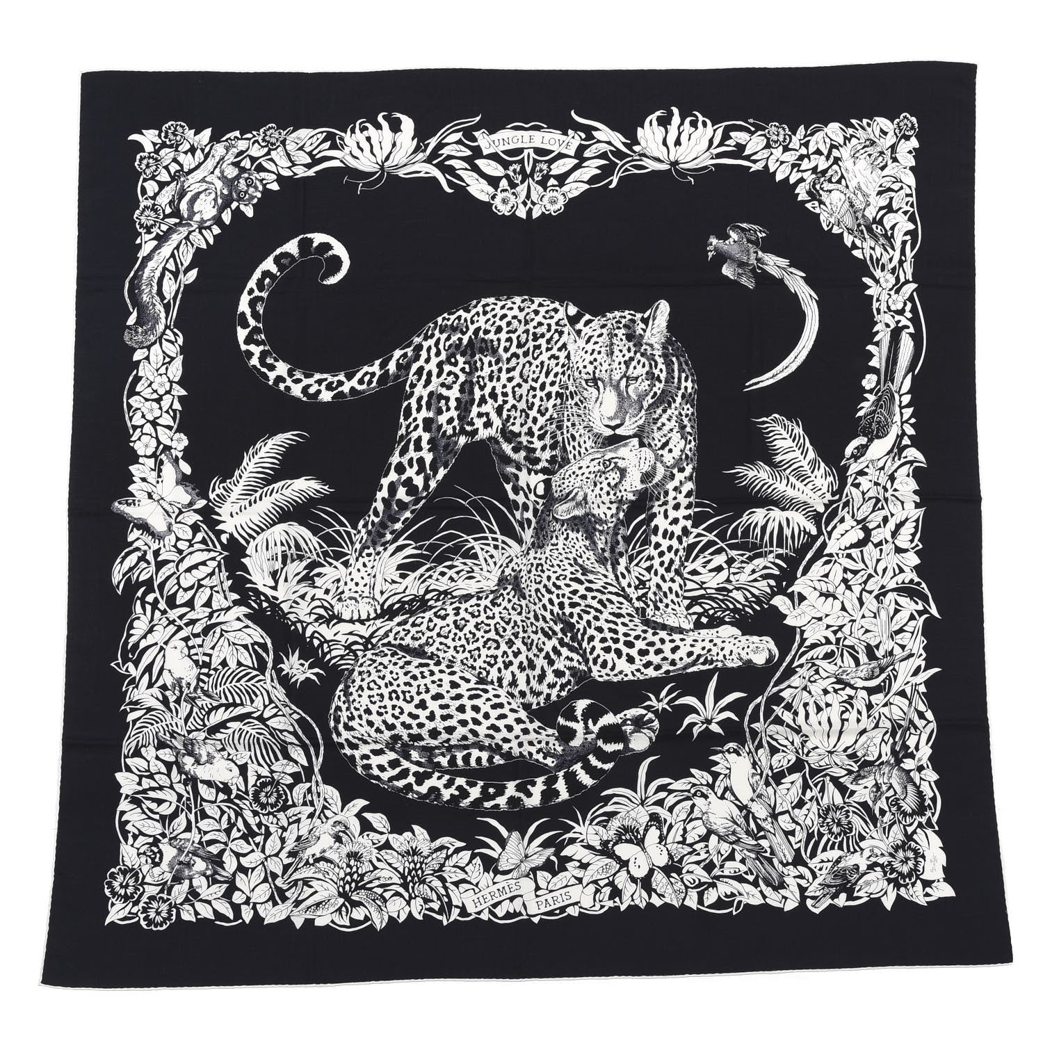 Hermes Cashmere Silk Jungle Love Tattoo Shawl 140 Bleu Black White 1 of 5