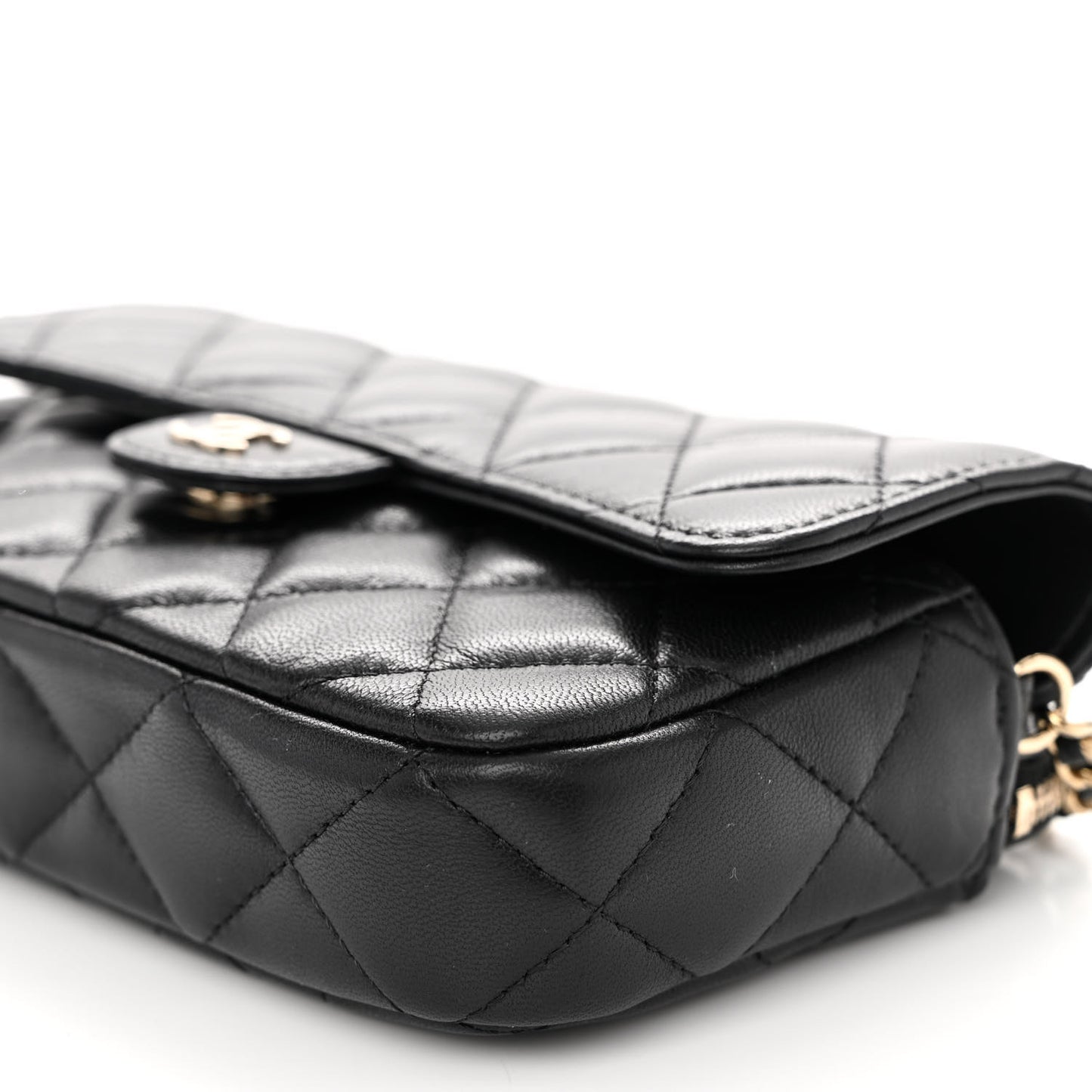 Lambskin Quilted Flap Phone Holder With Chain Black