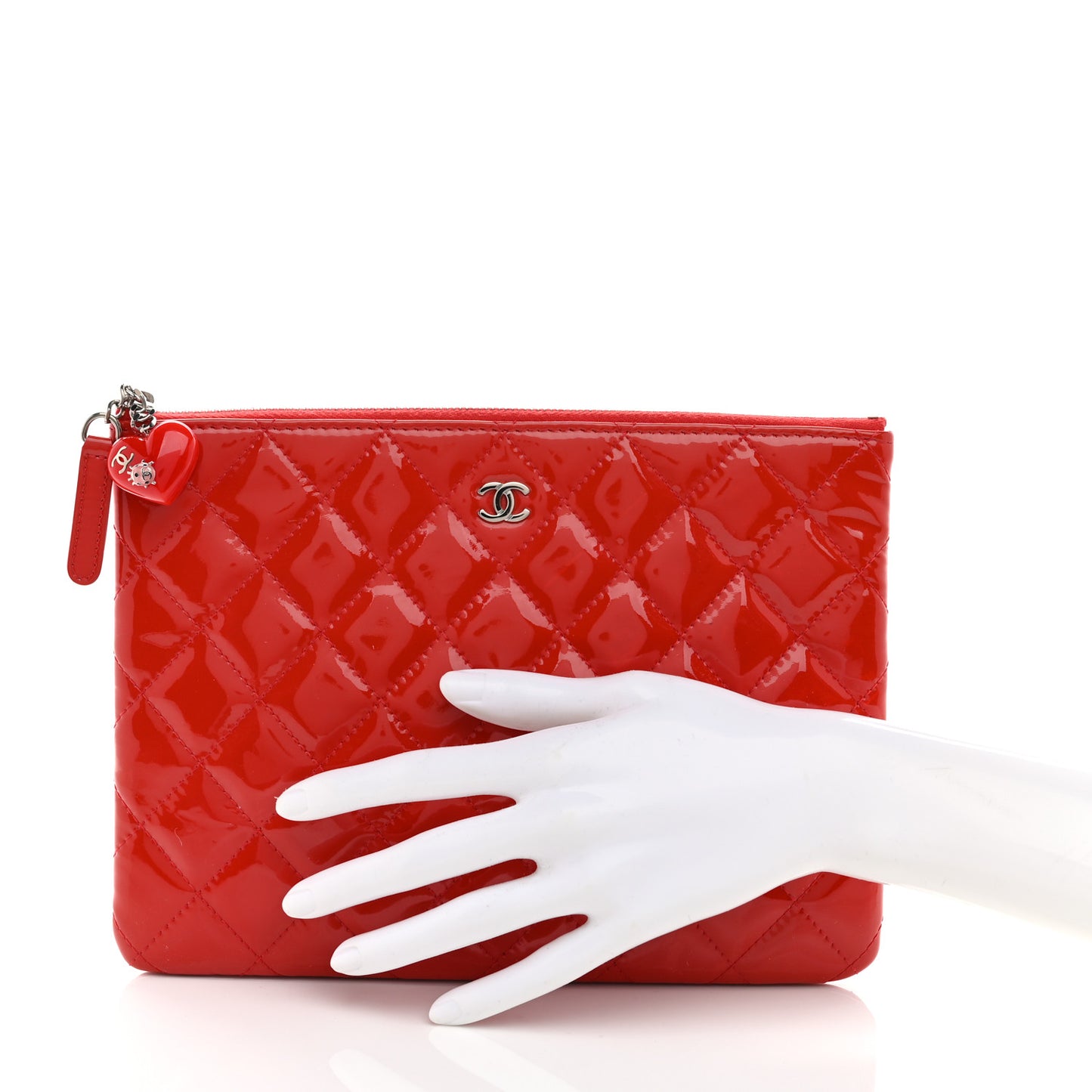 Patent Calfskin Quilted Valentine Hearts Medium O Cosmetic Case Red