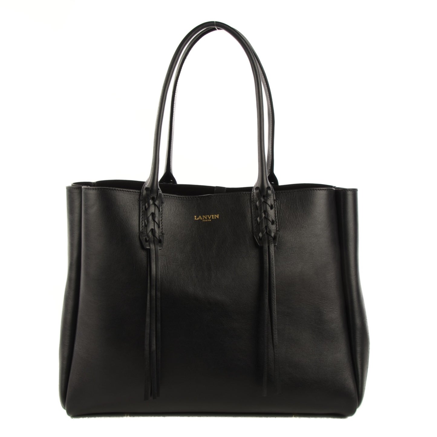 LANVIN Smooth Calfskin Small Fringe Shopper Tote Black