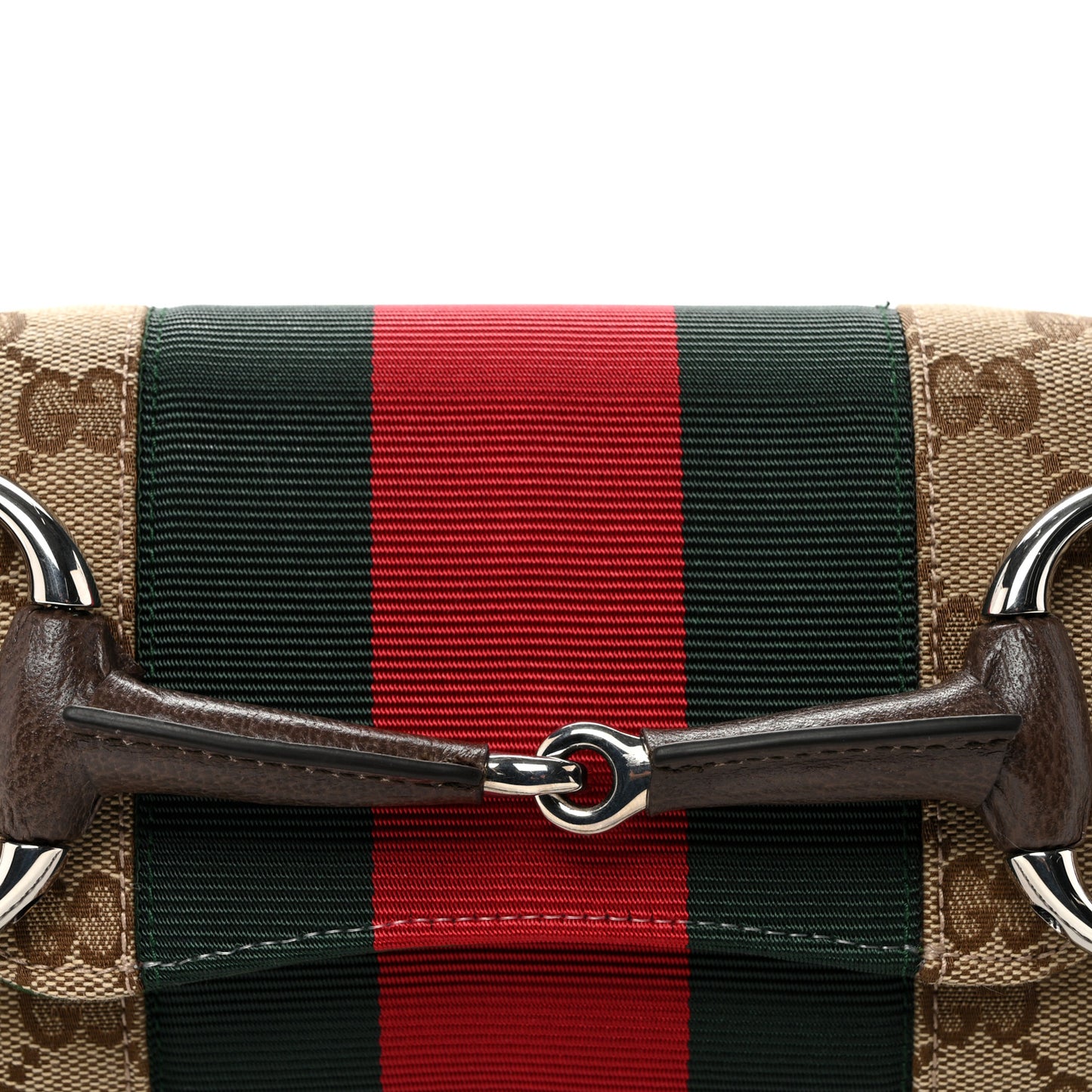 Monogram Textured Dollar Calfskin Heavy Grosgrain Web Small Maxi Horsebit Chain Shoulder Bag Beige Ebony New Acero