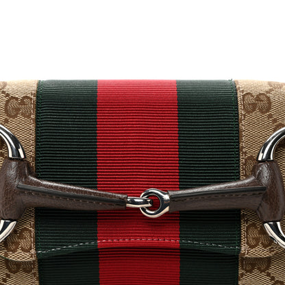 Gucci Monogram Textured Dollar Calfskin Heavy Grosgrain Web Small Maxi Horsebit Chain Shoulder Bag Beige Ebony New Acero 7 of 9