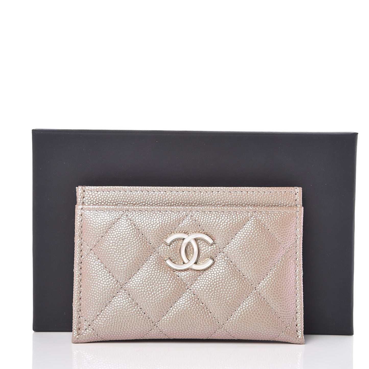 Iridescent Caviar Quilted Card Holder Beige