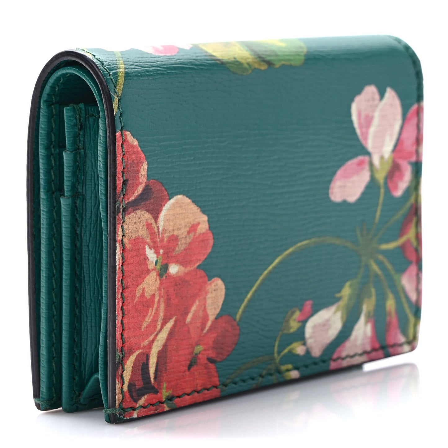 Shangai Calfskin Blooms Print Card Case Wallet Clear Bright Emerald Multicolor