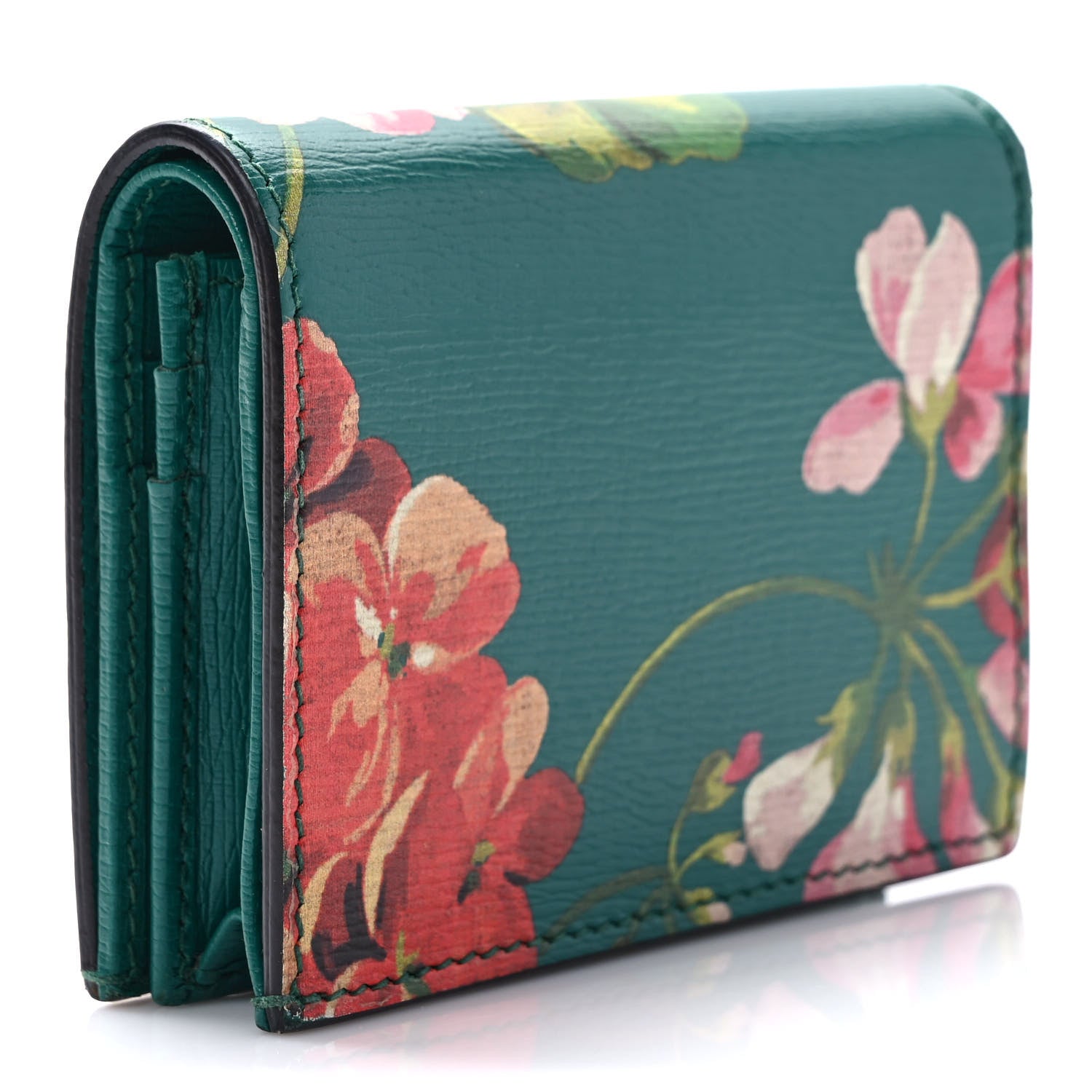Gucci Shangai Calfskin Blooms Print Card Case Wallet Clear Bright Emerald Multicolor 3 of 7
