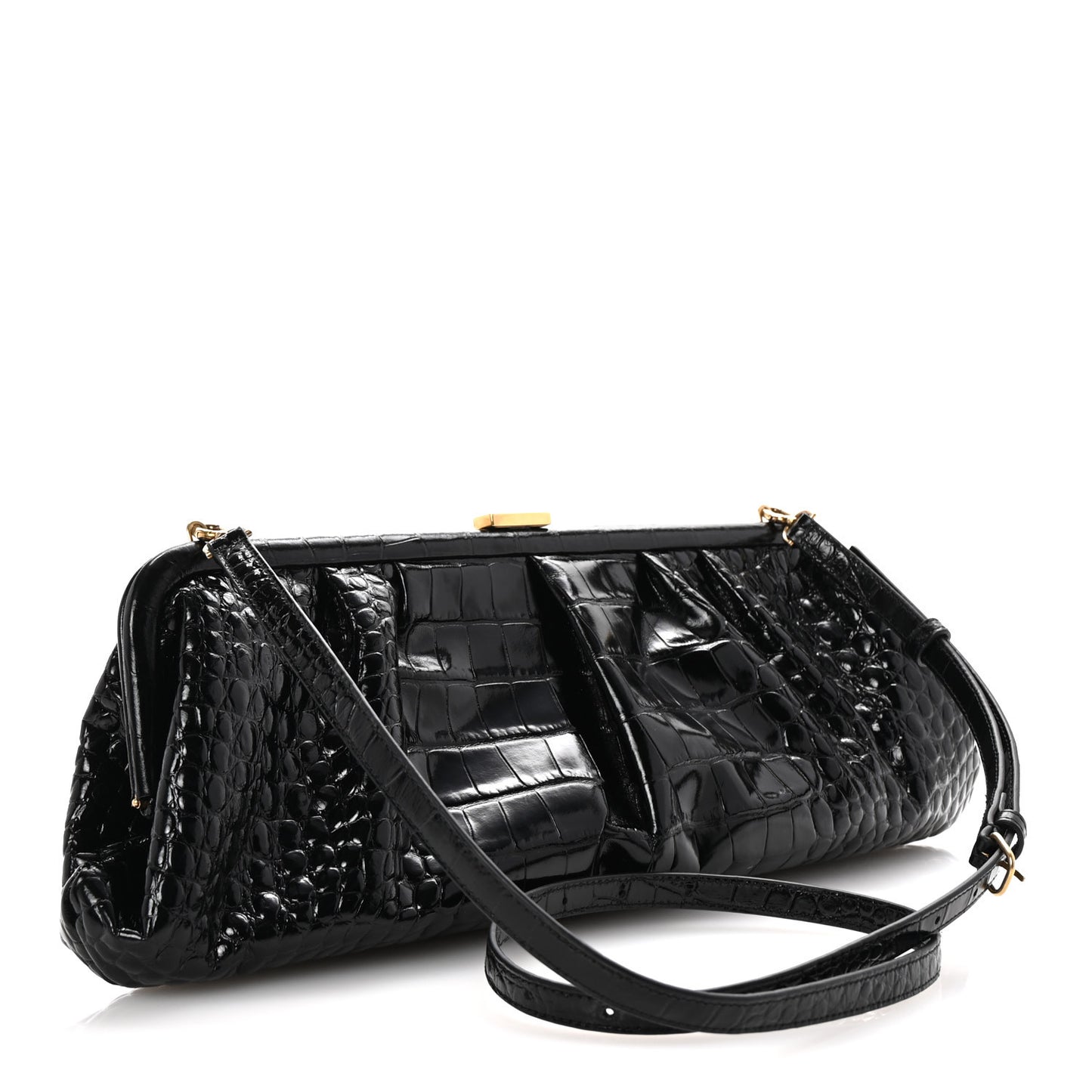 Shiny Supple Calfskin Logo Crocodile Embossed XL Cloud Clutch Black White