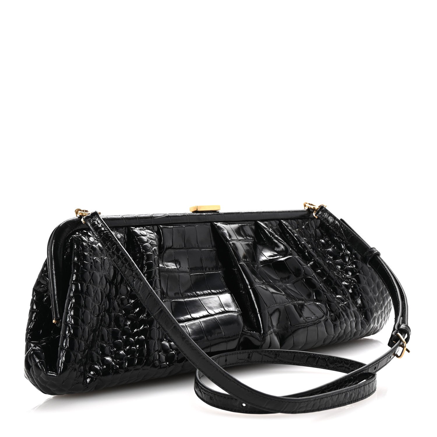 Balenciaga Shiny Supple Calfskin Logo Crocodile Embossed XL Cloud Clutch Black White 3 of 10