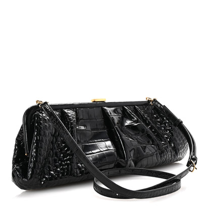 Balenciaga Shiny Supple Calfskin Logo Crocodile Embossed XL Cloud Clutch Black White 3 of 10
