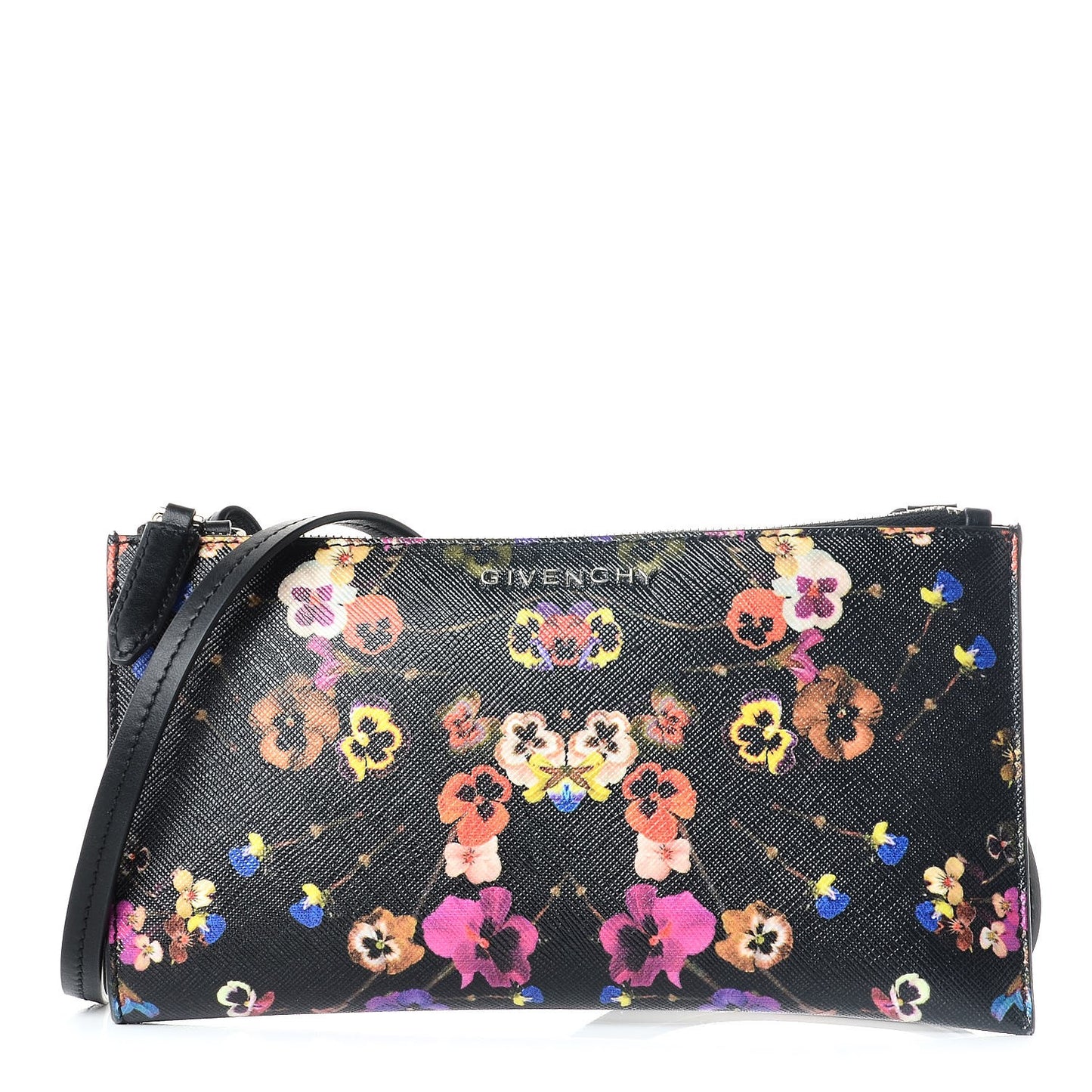 Textured Coated Canvas Pansy Print Iconic Pouch Crossbody Black Multicolor
