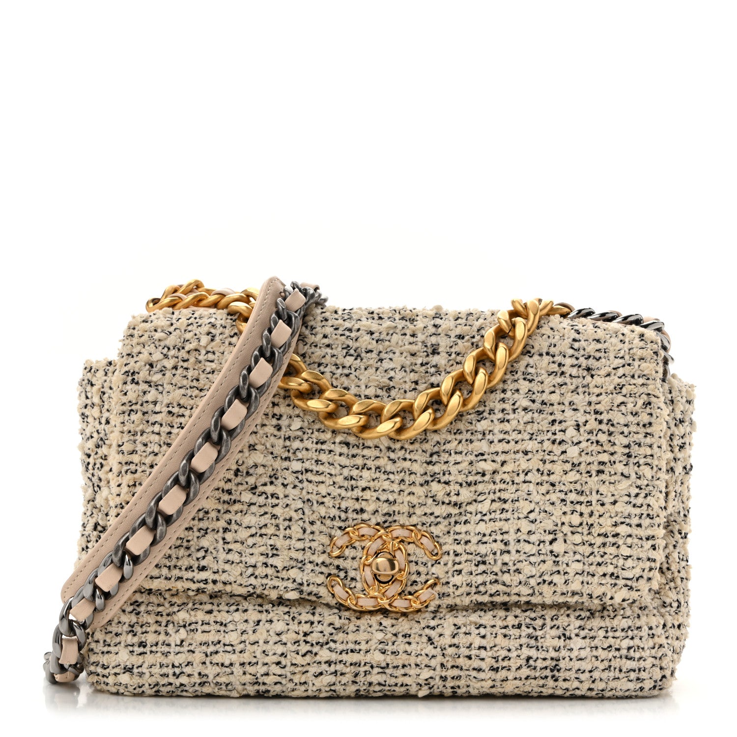 Chanel Tweed Quilted Medium Chanel 19 Flap Ecru Black 1 of 13