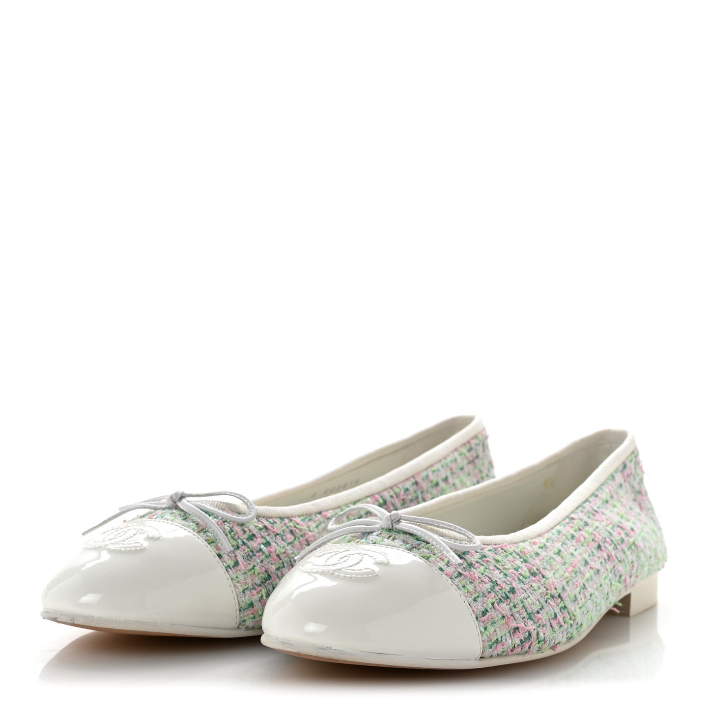 Cotton Tweed Patent Calfskin Cap Toe Ballerina Flats 40.5  Green Pink Turquoise White