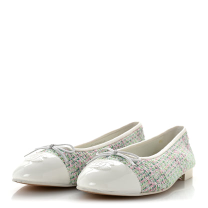 Chanel Cotton Tweed Patent Calfskin Cap Toe Ballerina Flats 40.5  Green Pink Turquoise White 4 of 11