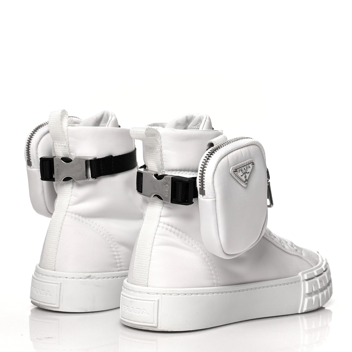 Prada Re-Nylon Gabardine Metal Triangle Logo Wheel Pouch Pocket High Top Sneakers 38.5 White 4 of 8