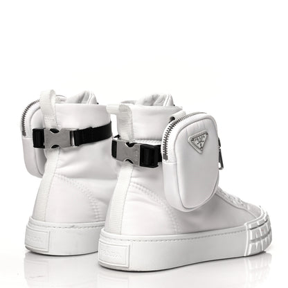 Prada Re-Nylon Gabardine Metal Triangle Logo Wheel Pouch Pocket High Top Sneakers 38.5 White 4 of 8