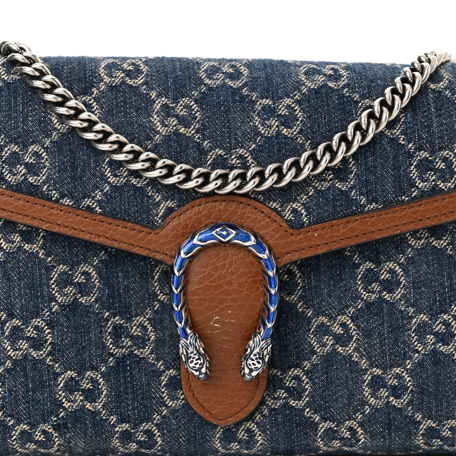 Gucci New Denim GG Monogram Dollar Calfskin Enamel Mini Dionysus Chain Wallet Blue Tea Cuir Epilog Electric Blue 8 of 12