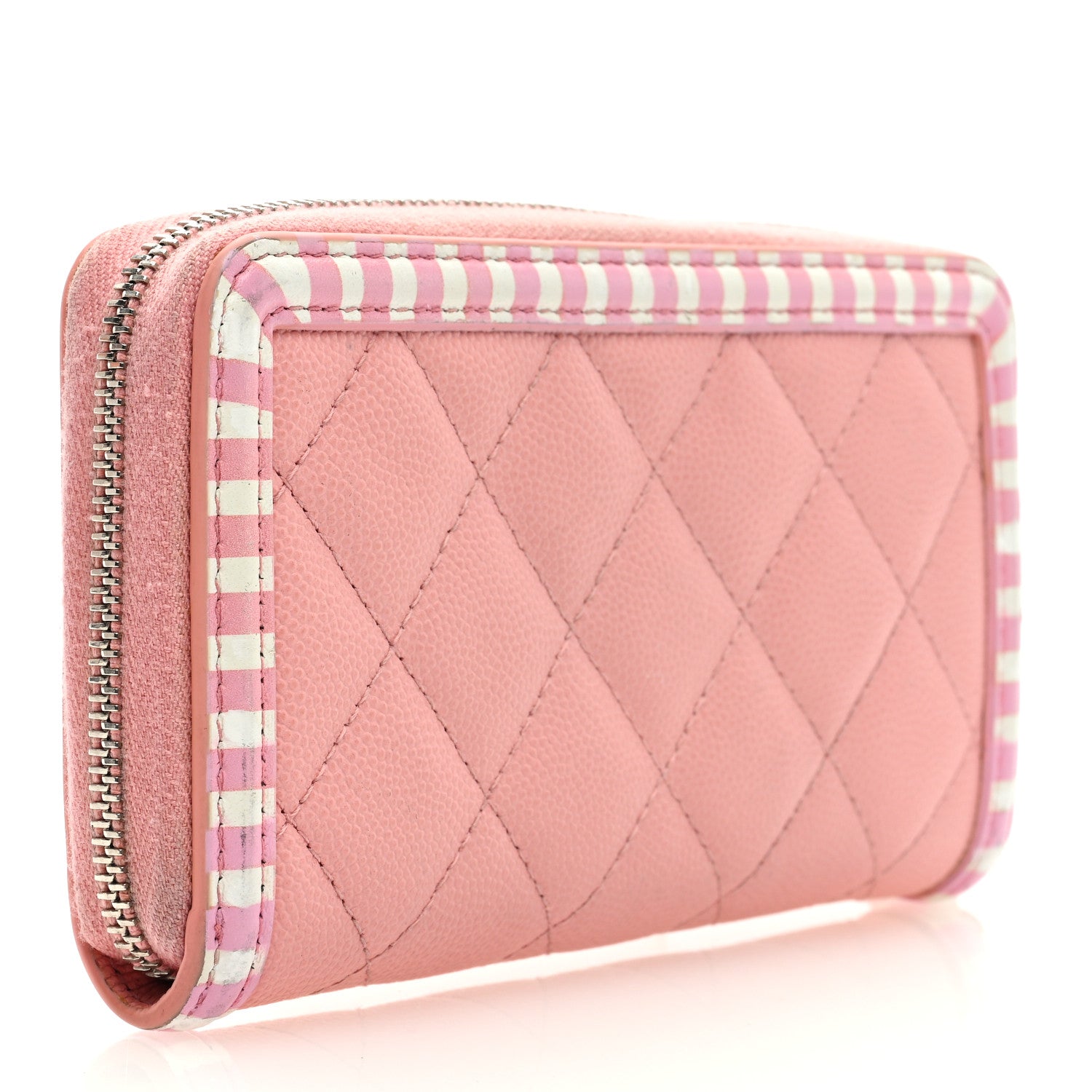 Chanel Caviar Quilted Medium Stripe Filigree Zip Around Wallet Pink White 3 of 8