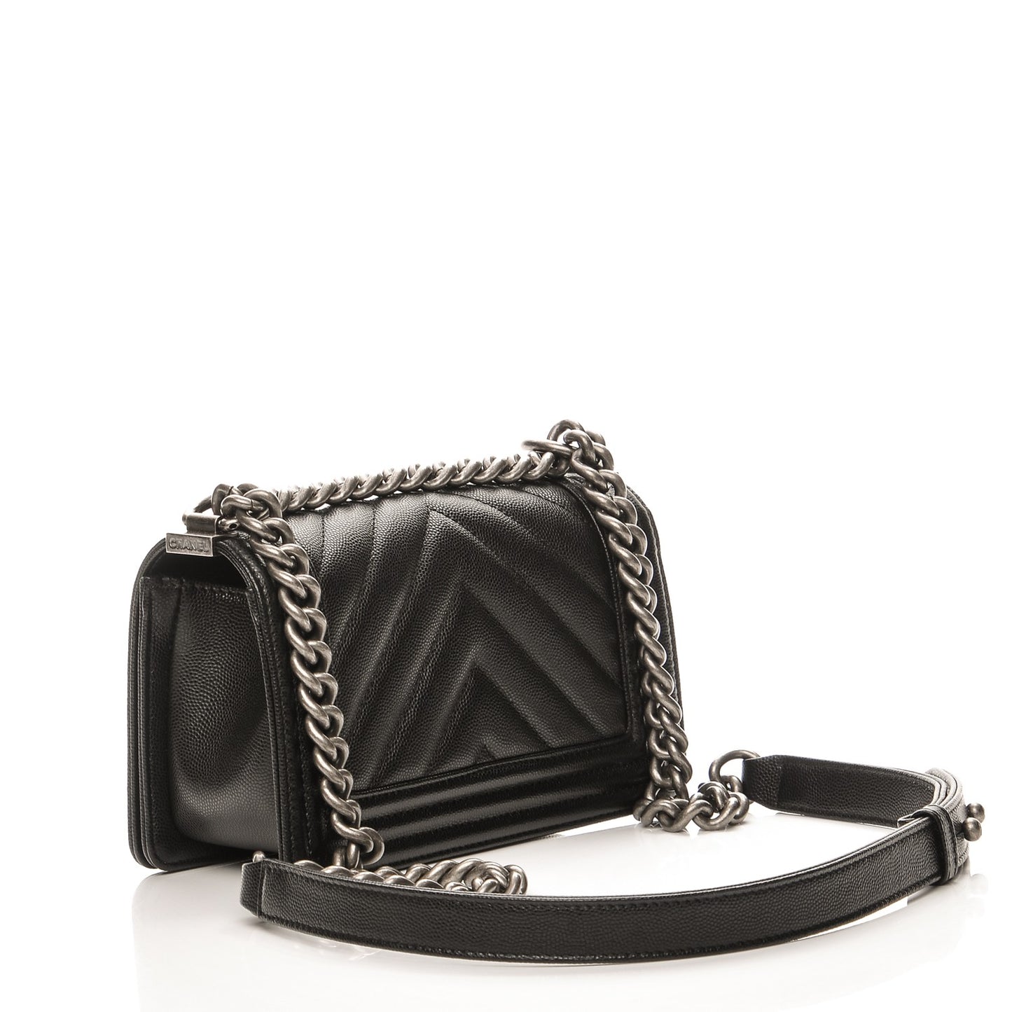 Caviar Chevron Quilted Small Boy Flap Black