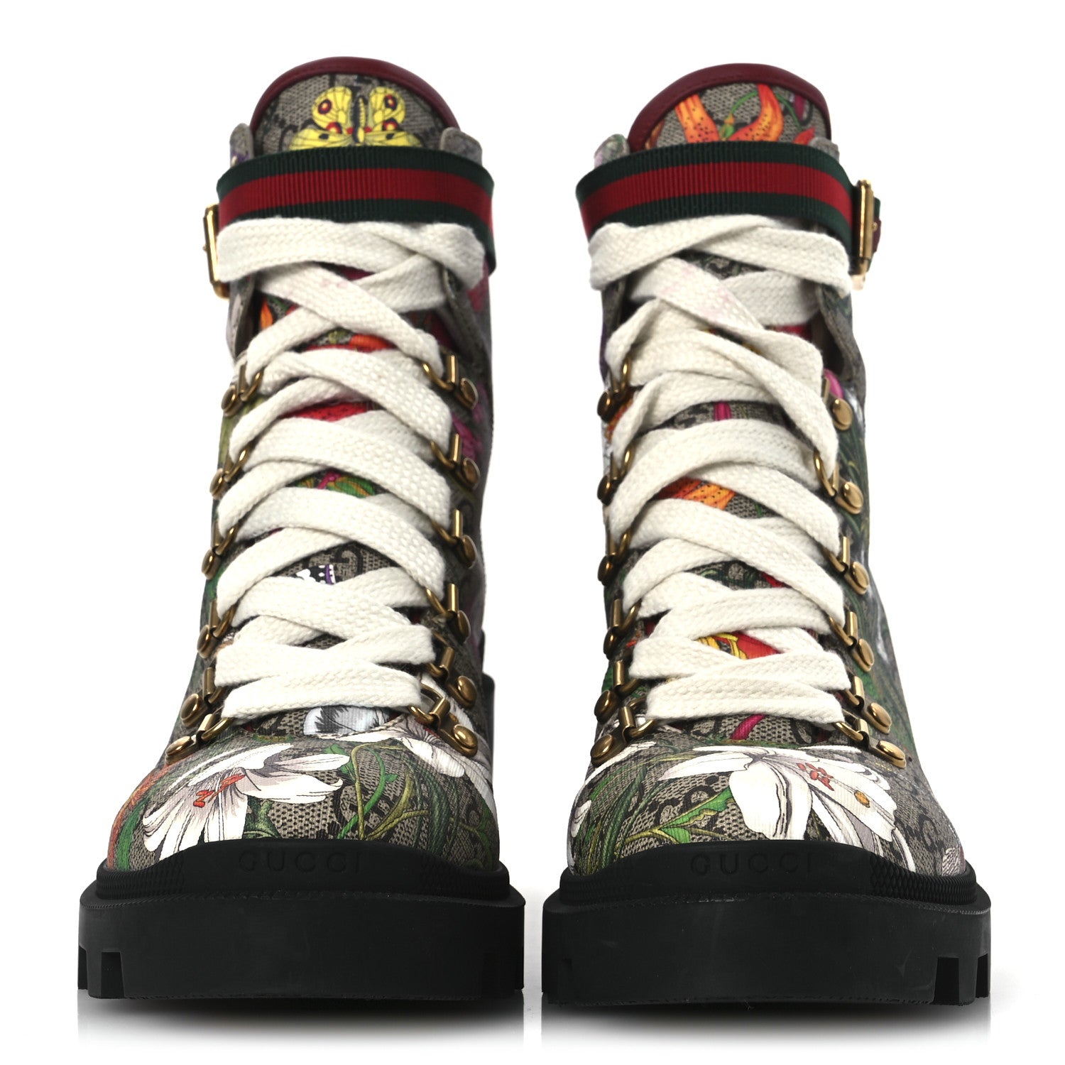 Gucci GG Supreme Monogram Flora Lace Up Combat Ankle Boots 40 Beige Multicolor Red 3 of 14