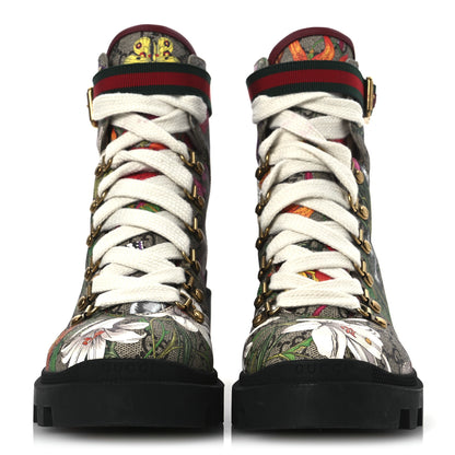 Gucci GG Supreme Monogram Flora Lace Up Combat Ankle Boots 40 Beige Multicolor Red 3 of 14