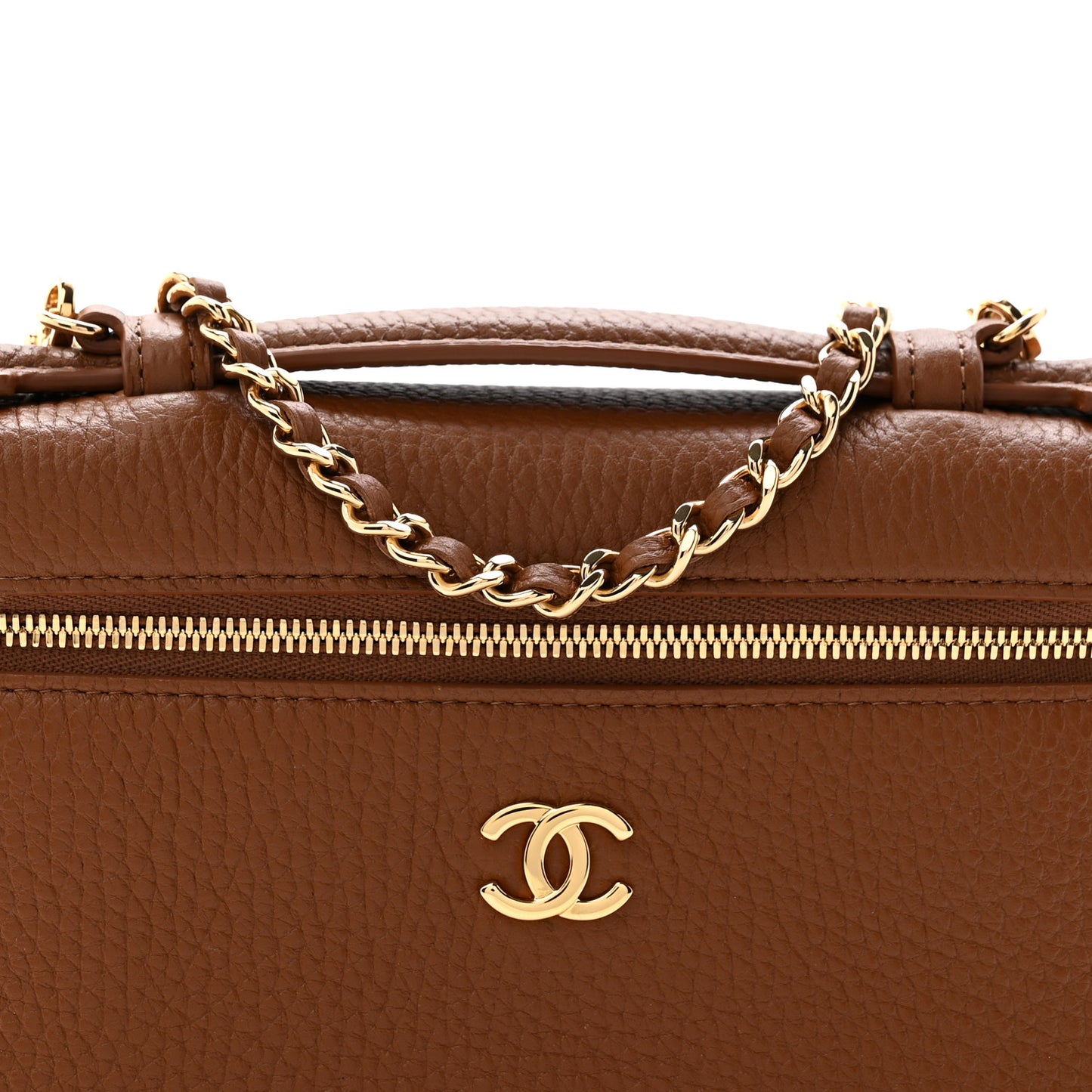Grained Calfskin Top Handle Slim Vanity Case With Chain Camel