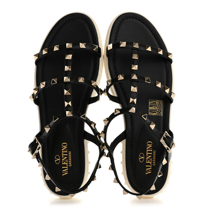 Valentino Garavani Calfskin Bedrock Rockstud Ankle Flat Sandals 38 Black White 2 of 10