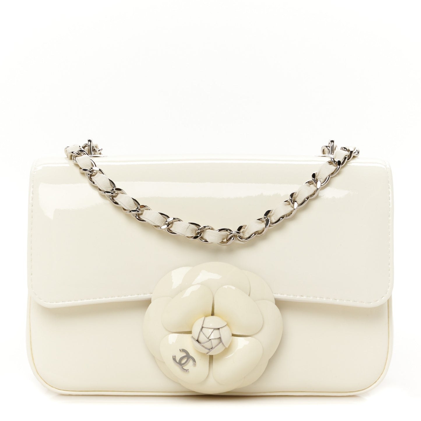 Patent Calfskin Small Camellia Single Flap White