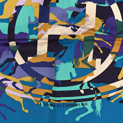 Hermes Silk Ex Libris En Camouflage Scarf 90 Canard Turquoise Violet 4 of 5