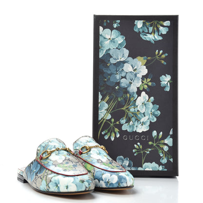 Gucci GG Supreme Monogram Blooms Womens Princetown Slippers 37 Beige Blue Navy Hibiscus Red 11 of 11