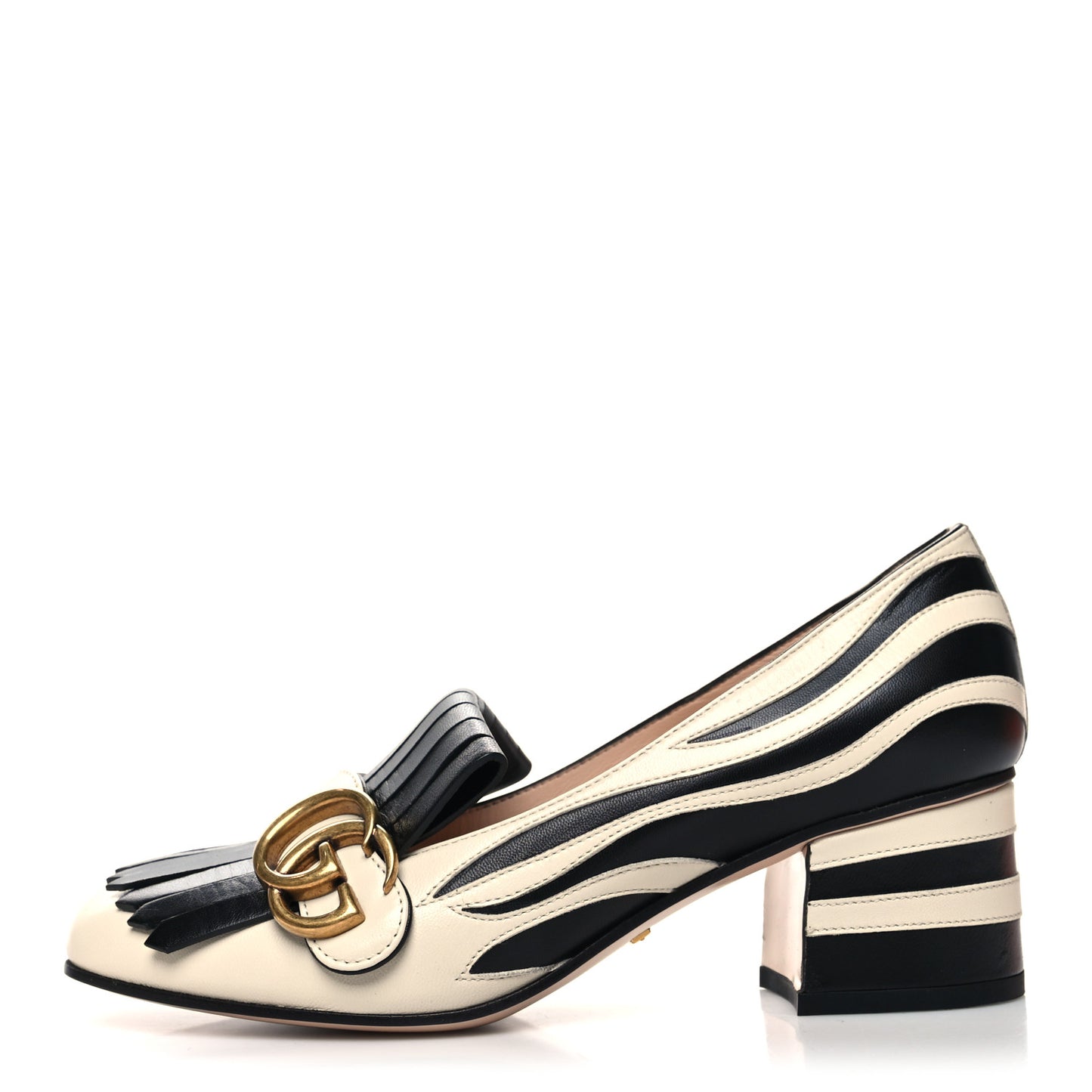 Malaga Kid Zebra Inlay GG Marmont Fringe Loafer 50mm Pumps 36 Mystic White Black