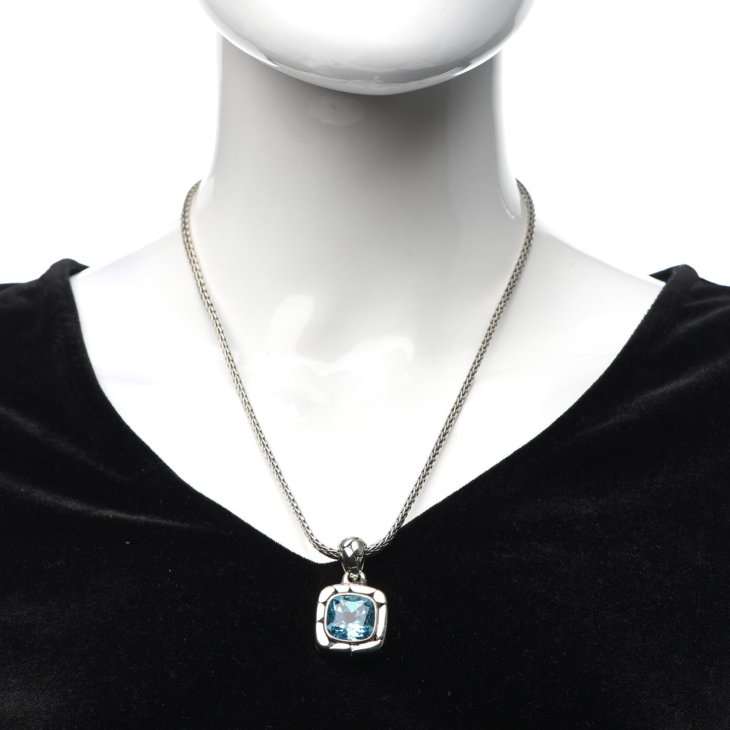 Sterling Silver Blue Topaz Batu Kali Square Pendant Necklace