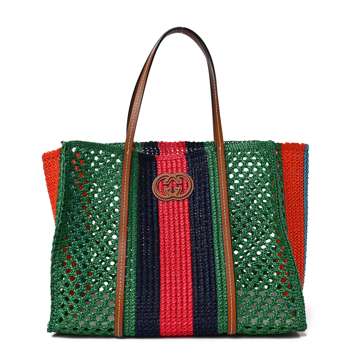 Gucci Raffia Web Woven Medium Interlocking G Tote Green 2 of 16