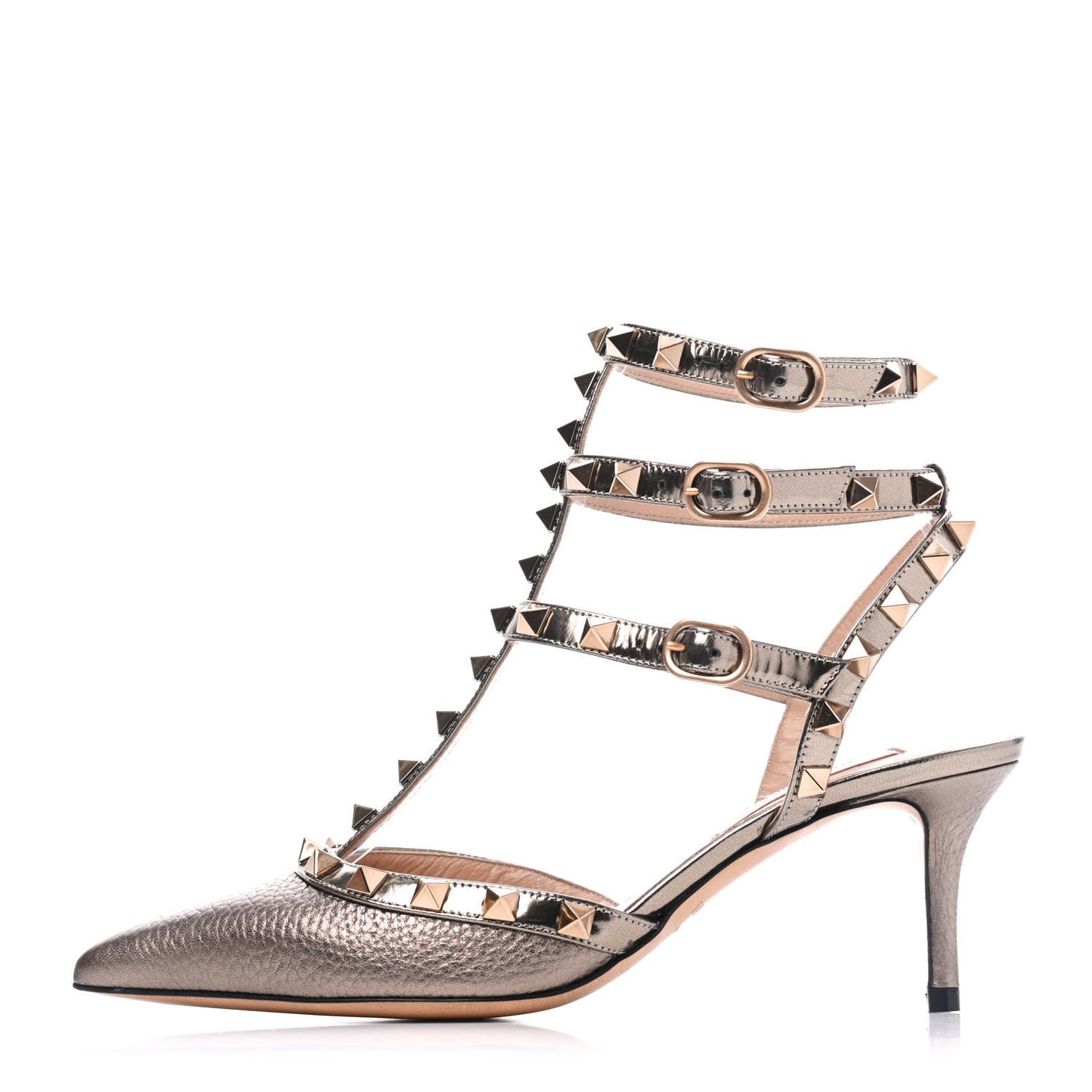 Metallic Pebbled Calfskin Patent Rockstud Ankle Strap 65mm Pumps 35 Sasso