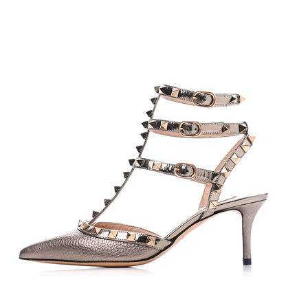 Valentino Garavani Metallic Pebbled Calfskin Patent Rockstud Ankle Strap 65mm Pumps 35 Sasso 1 of 14