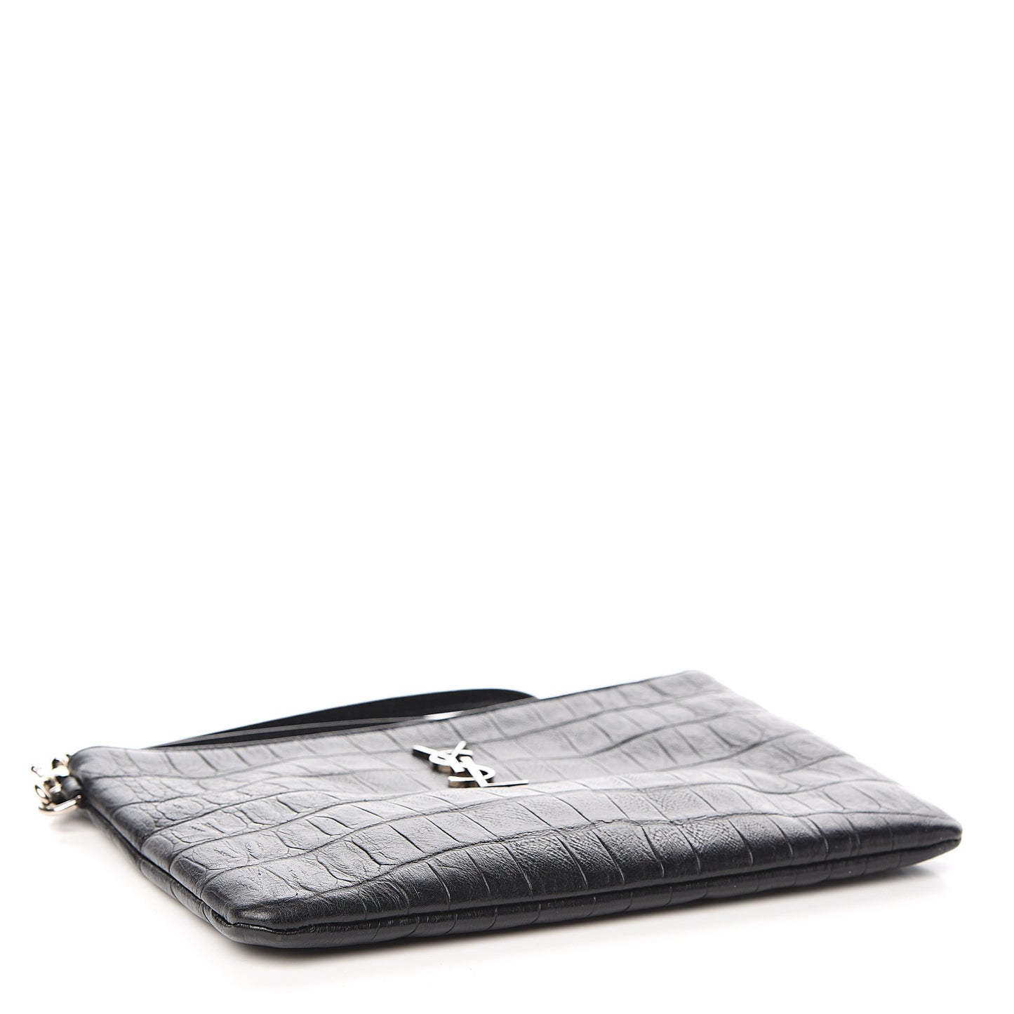 Calfskin Crocodile Embossed Monogram Zip Pouch Black