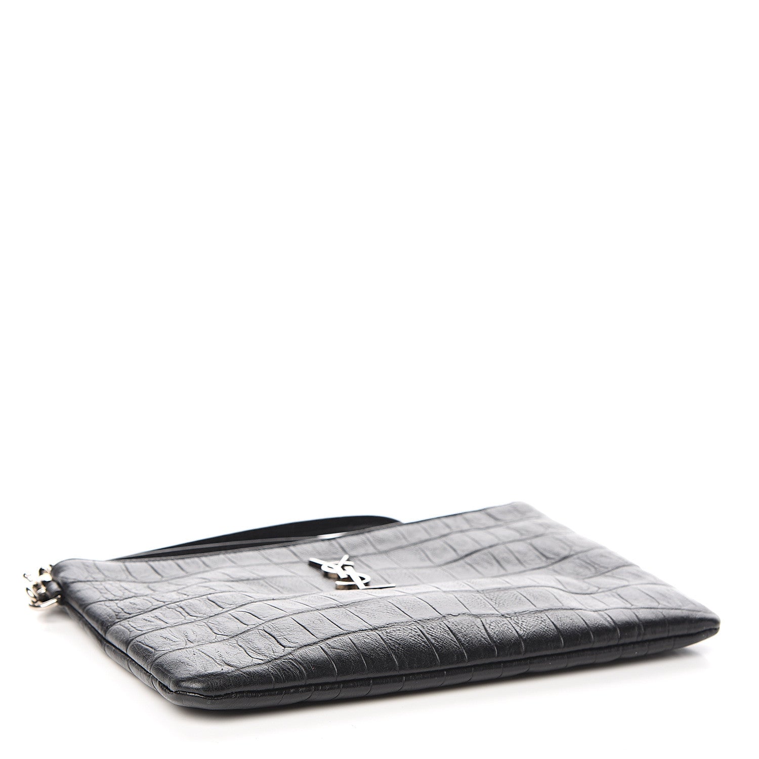 Saint Laurent Calfskin Crocodile Embossed Monogram Zip Pouch Black 3 of 8