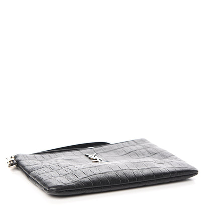 Saint Laurent Calfskin Crocodile Embossed Monogram Zip Pouch Black 3 of 8