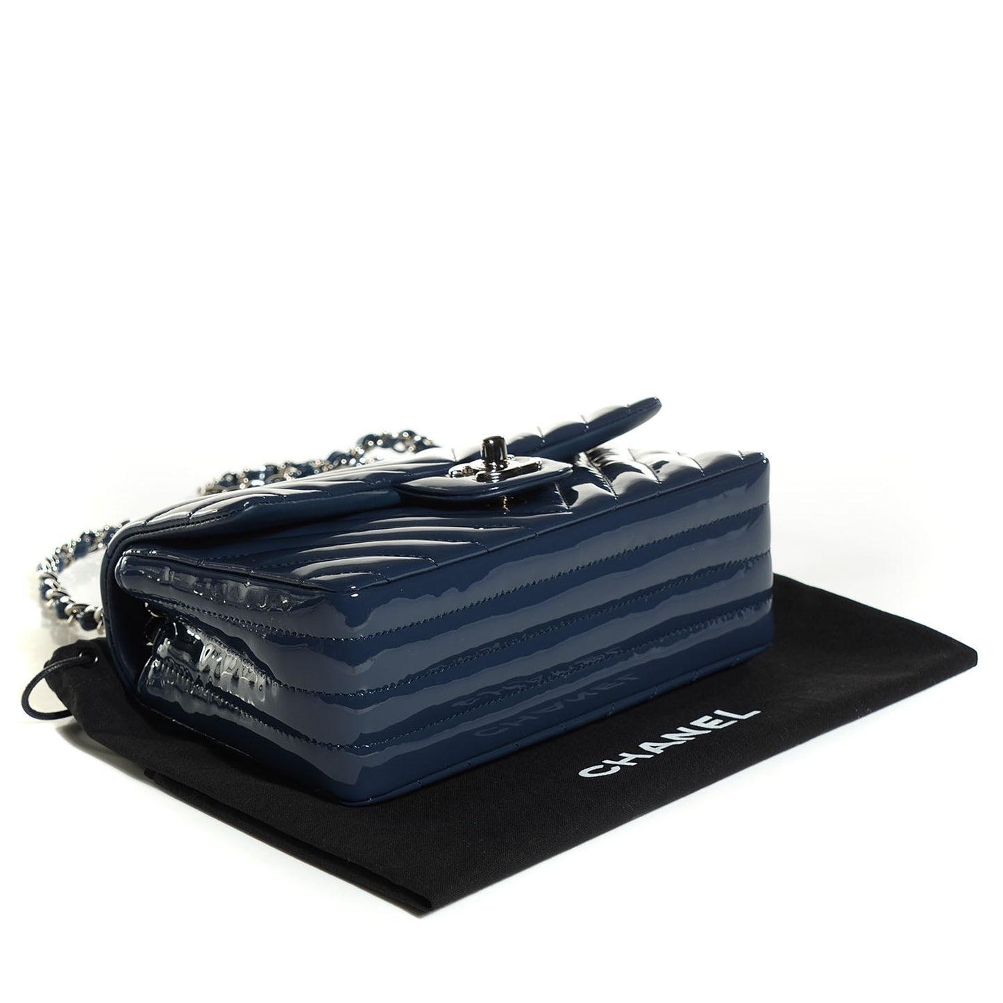 Patent Chevron Quilted Mini Rectangular Flap Navy Blue