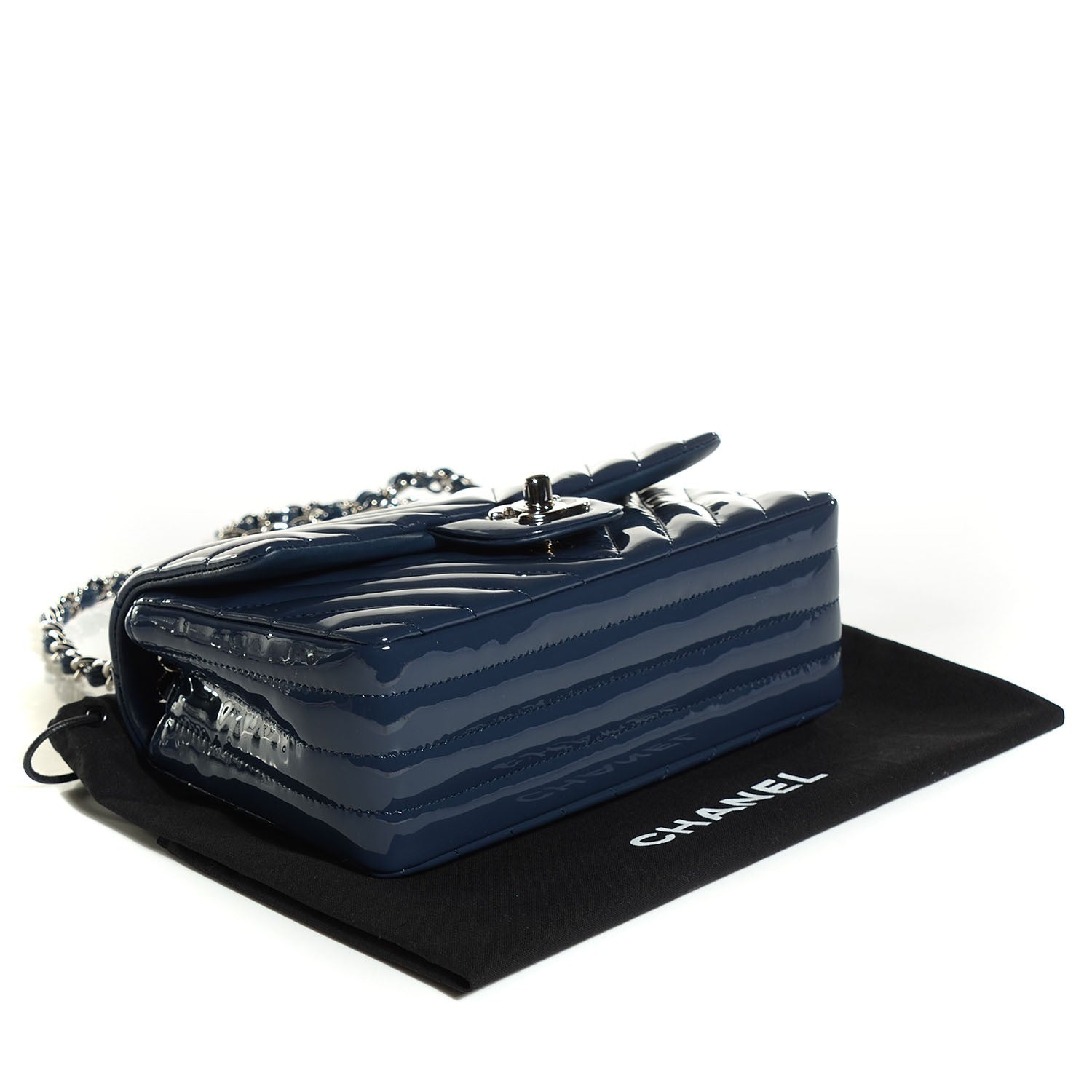 Chanel Patent Chevron Quilted Mini Rectangular Flap Navy Blue 4 of 8