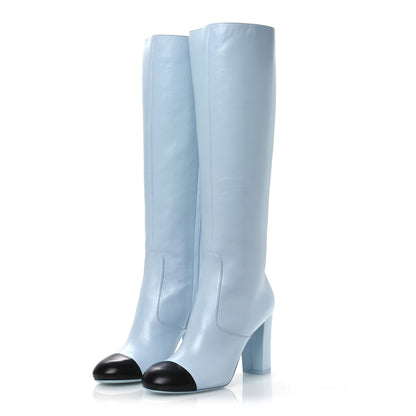 Chanel Lambskin Cap Toe High Boots 39 Light Blue Black 4 of 11