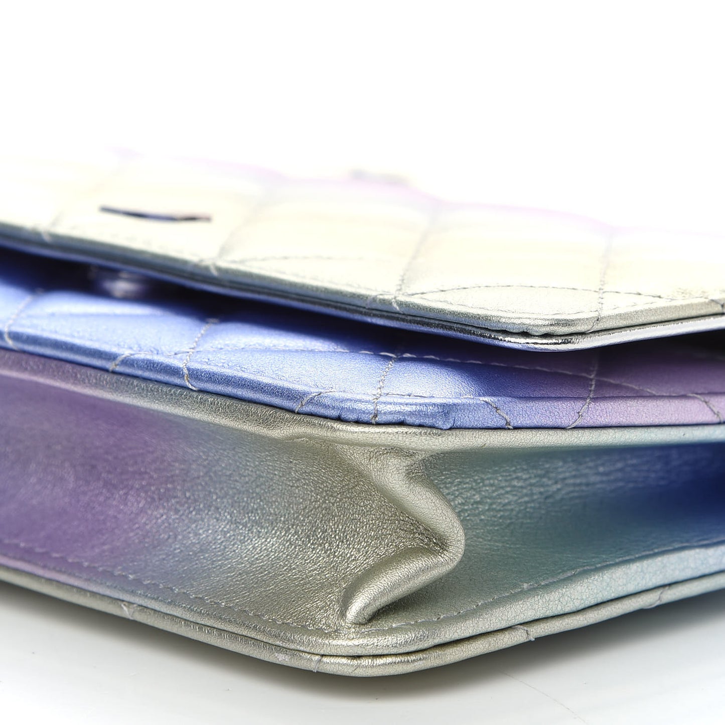 Gradient Metallic Calfskin Quilted Wallet On Chain WOC Silver Blue Yellow Purple